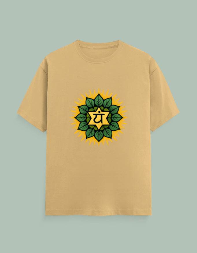 Healing Heart Yoga Tee in beige with green lotus and chakra symbol graphic on front