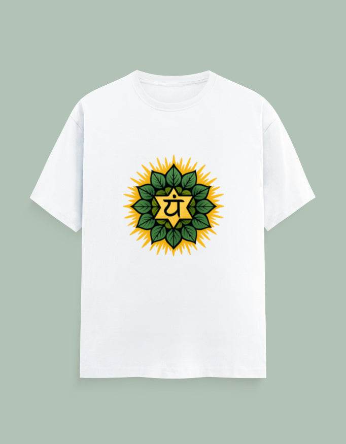 White Healing Heart Yoga Tee by SkyBi Shirts with green and yellow chakra design on front