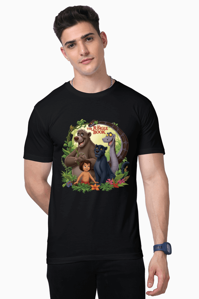 Black t-shirt featuring The Jungle Book characters printed on Jugle Book Unisex Premium Supima Cotton by SkyBi Shirts