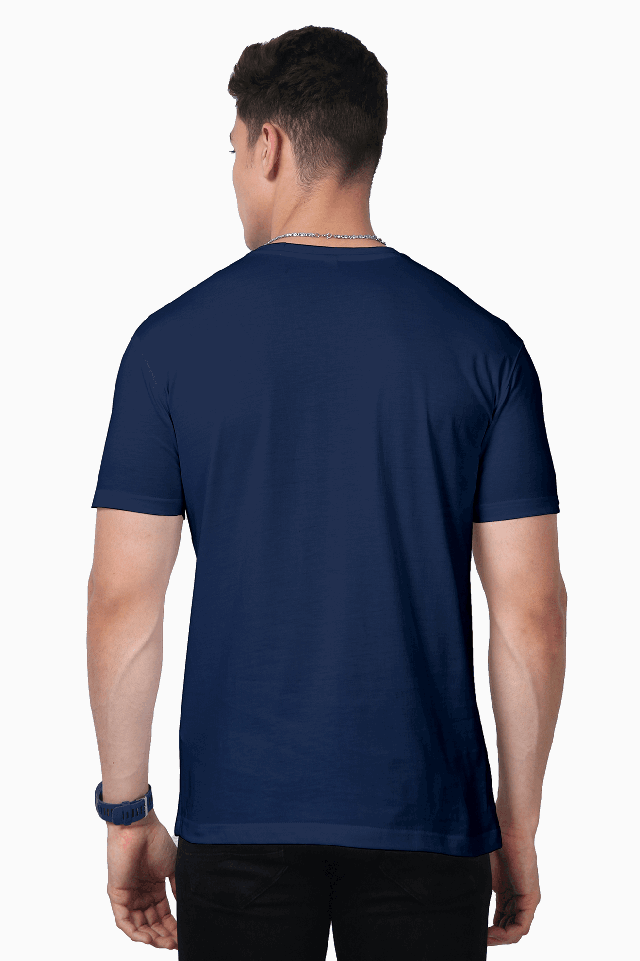 Back view of man wearing Jugle Book Unisex Premium Supima Cotton navy blue t-shirt by SkyBi Shirts
