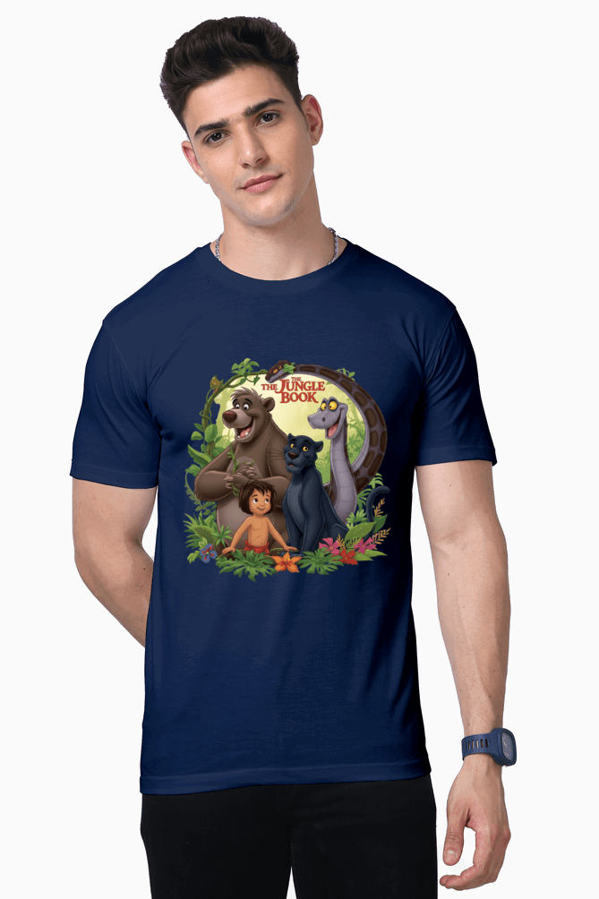 Jugle Book Unisex Premium Supima Cotton navy blue t-shirt featuring Jungle Book characters print