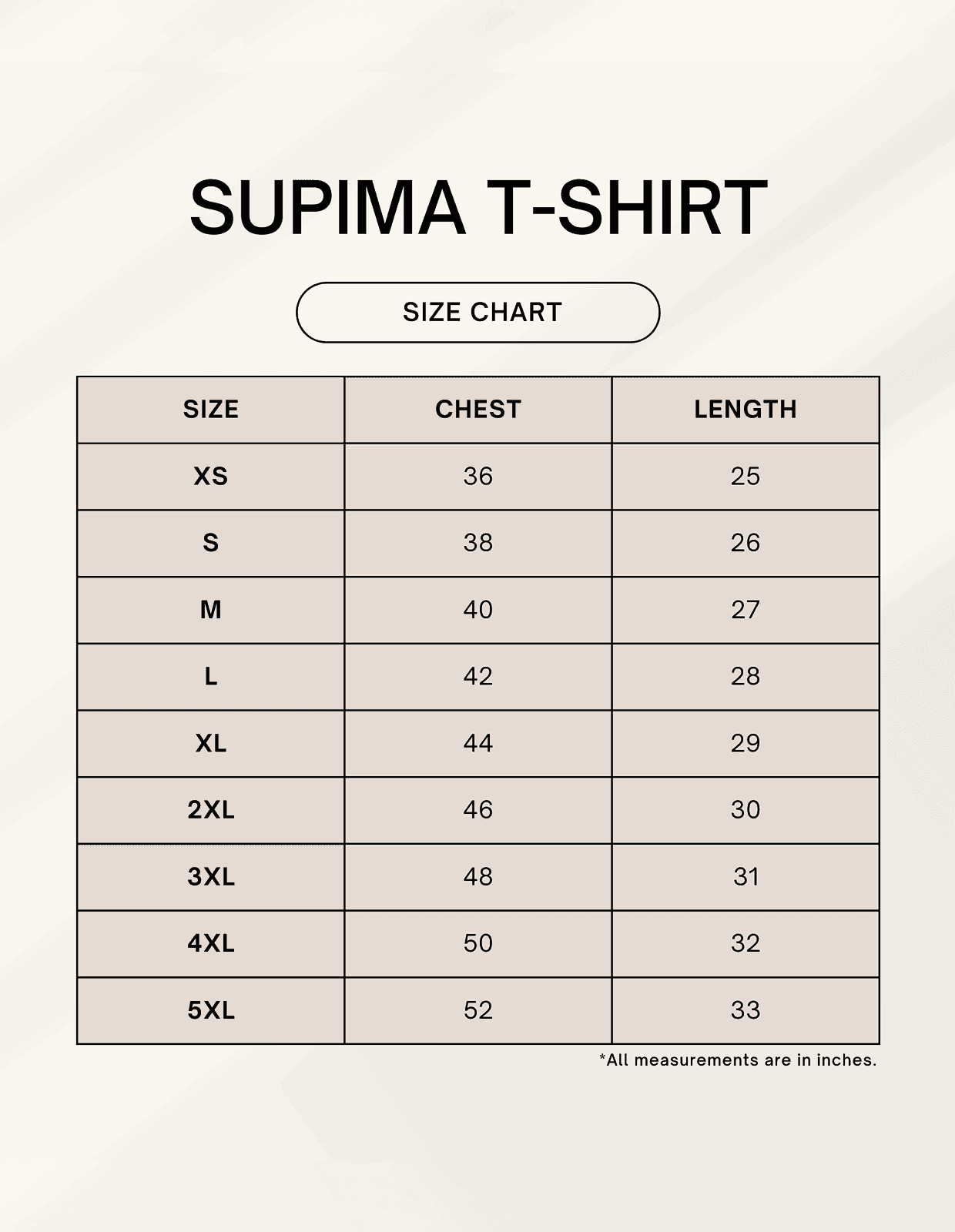 Size chart for Jugle Book Unisex Premium Supima Cotton t-shirt by SkyBi Shirts showing chest and length measurements