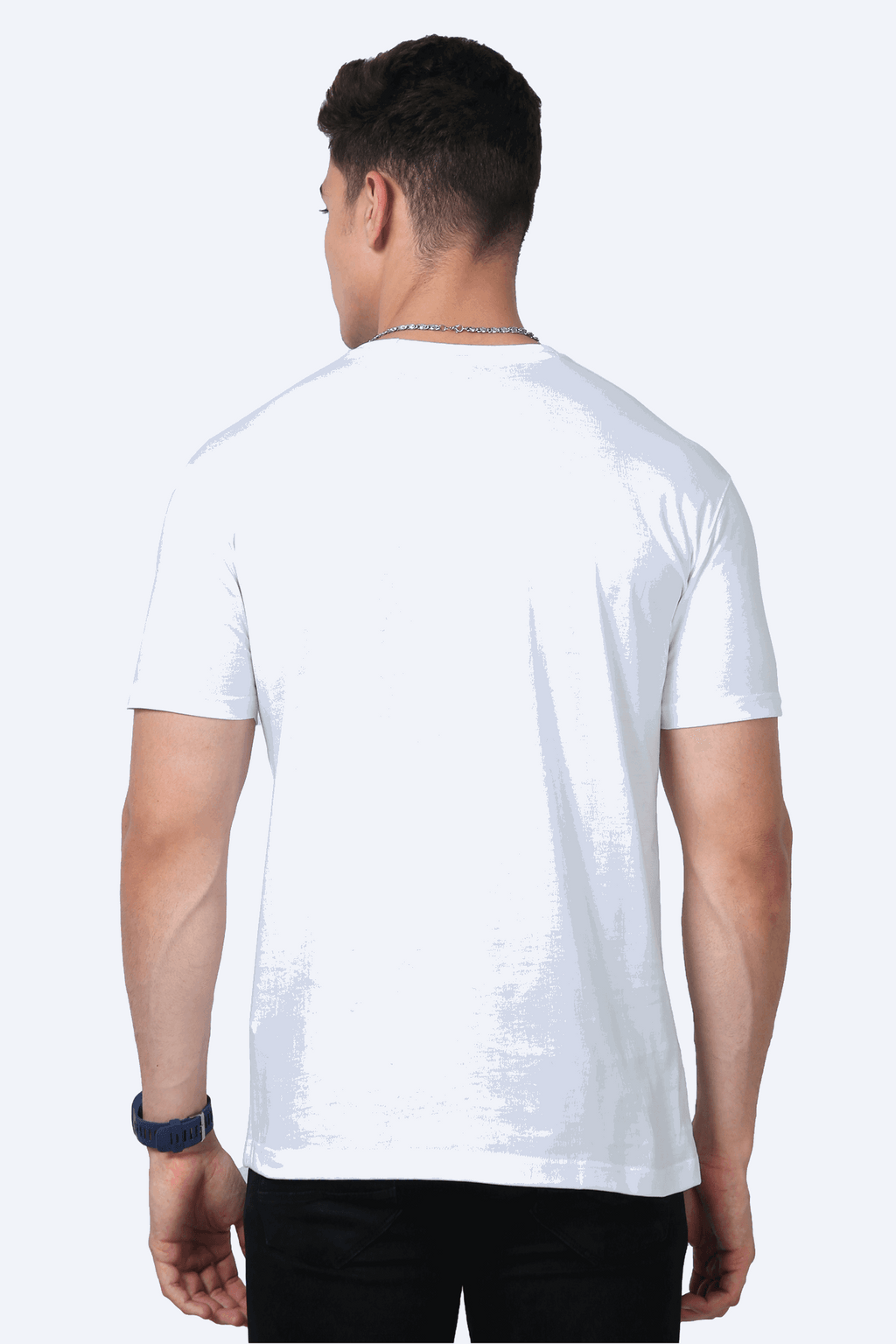 Back view of man wearing plain white Jugle Book Unisex Premium Supima Cotton t-shirt from SkyBi Shirts