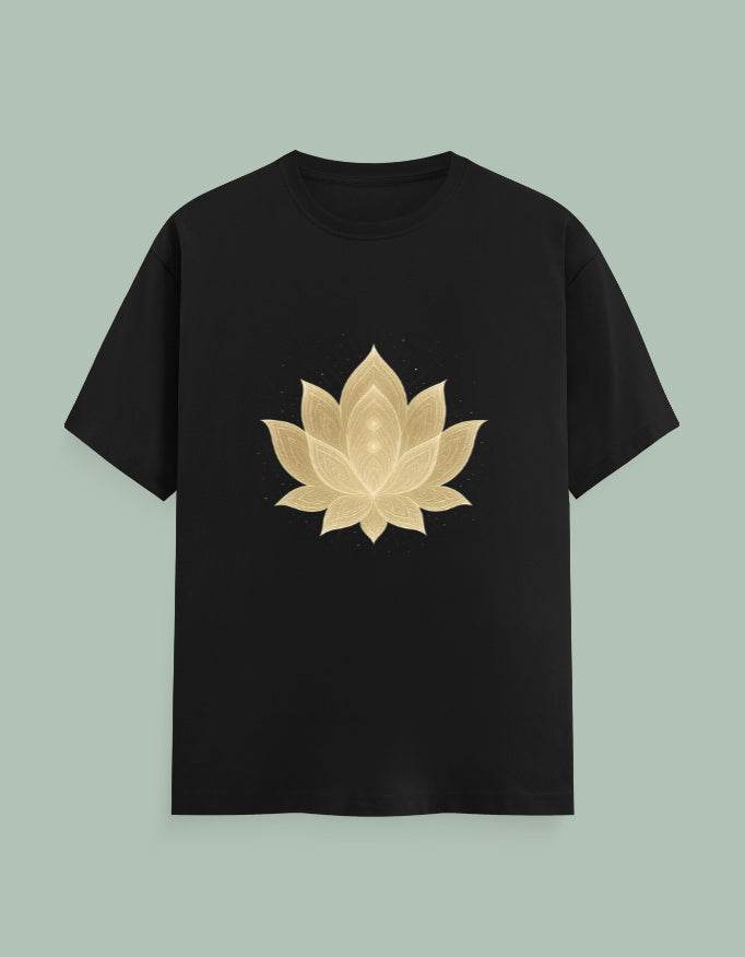 Black Lotus Yoga Tee 180 GSM with gold lotus flower graphic from SkyBi Shirts