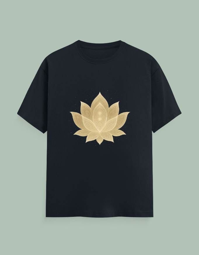 SkyBi Shirts black Lotus Yoga Tee 180 GSM with gold lotus flower design on front
