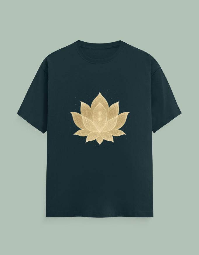 SkyBi Shirts Lotus Yoga Tee 180 GSM in black with gold lotus flower graphic design