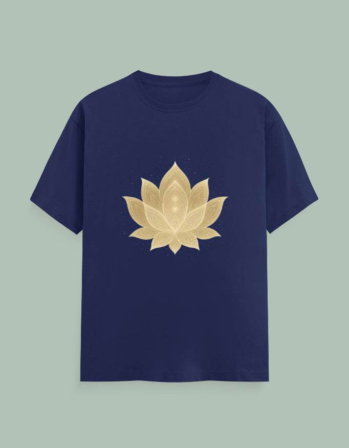 Navy blue Lotus Yoga Tee 180 GSM with gold lotus flower design by SkyBi Shirts