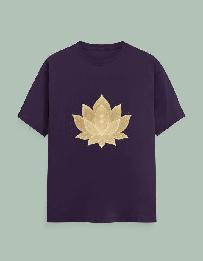 Purple Lotus Yoga Tee 180 GSM with golden lotus flower design by SkyBi Shirts