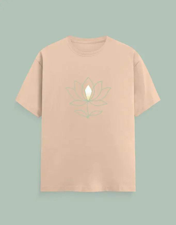 Beige Lotus Yoga Tee with minimalist green lotus flower design by SkyBi Shirts