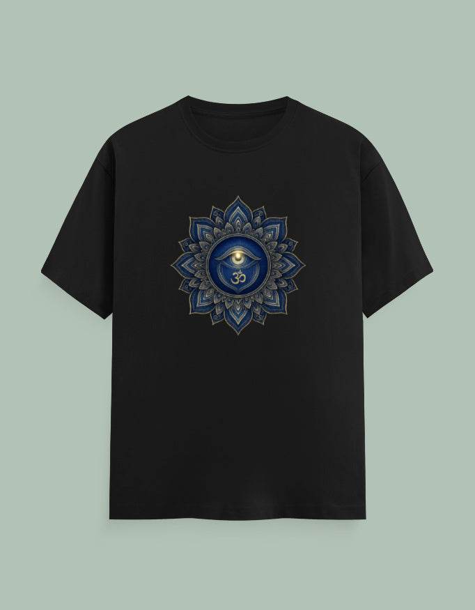 Black SkyBi Shirts Mandala Yoga Tee with intricate blue and gold mandala design on the front