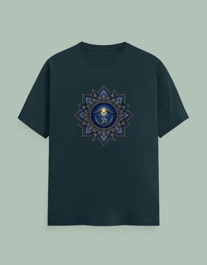 Mandala Yoga Tee in dark blue with intricate blue and gold mandala and all-seeing eye design