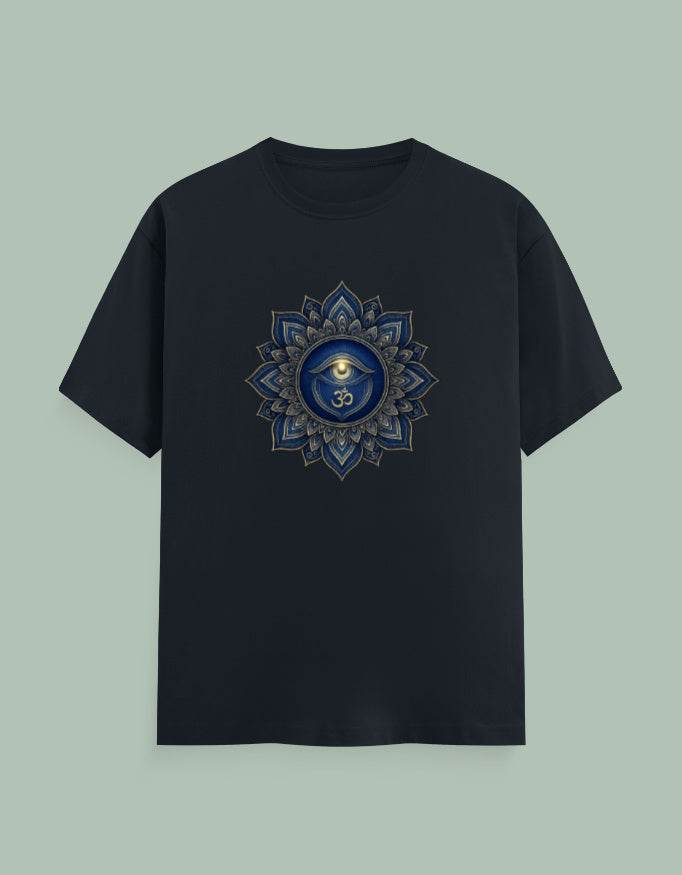 Black Mandala Yoga Tee with intricate blue and gold mandala design featuring an eye and om symbol