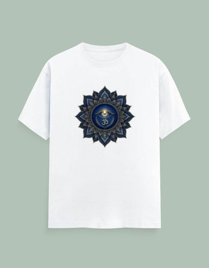 White SkyBi Shirts Mandala Yoga Tee with intricate navy blue mandala lotus design on front
