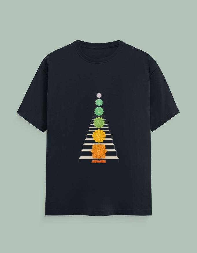 Black Moksha Chakra Yoga Tee by SkyBi Shirts featuring colorful chakra symbols arranged vertically