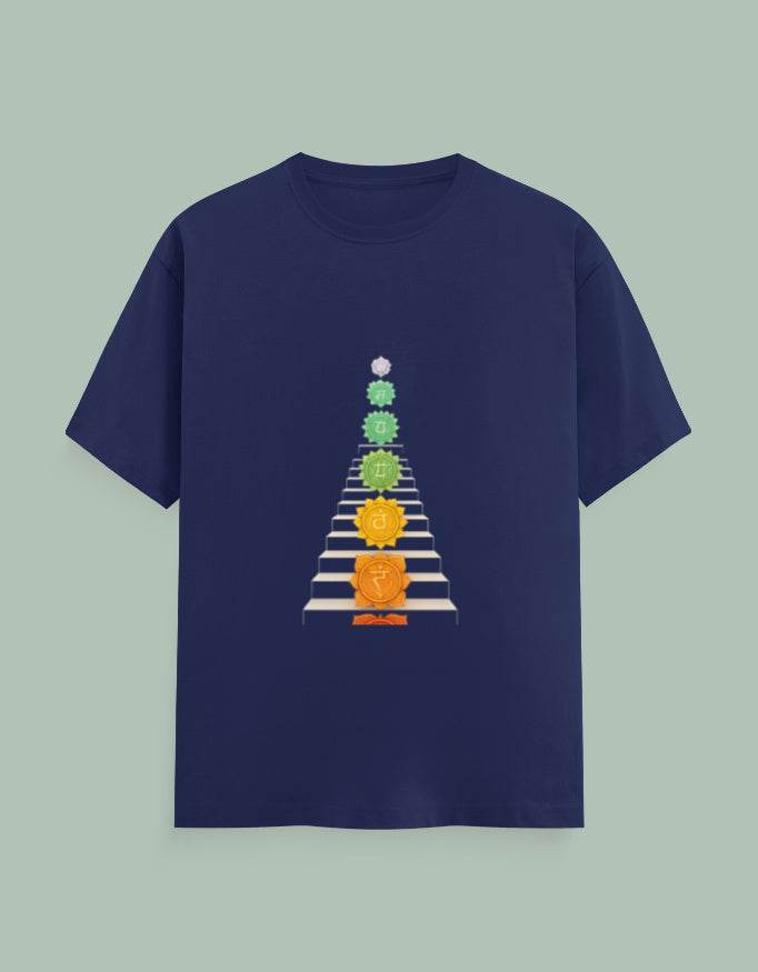 Navy blue Moksha Chakra Yoga Tee with colorful chakra design and stair motif by SkyBi Shirts