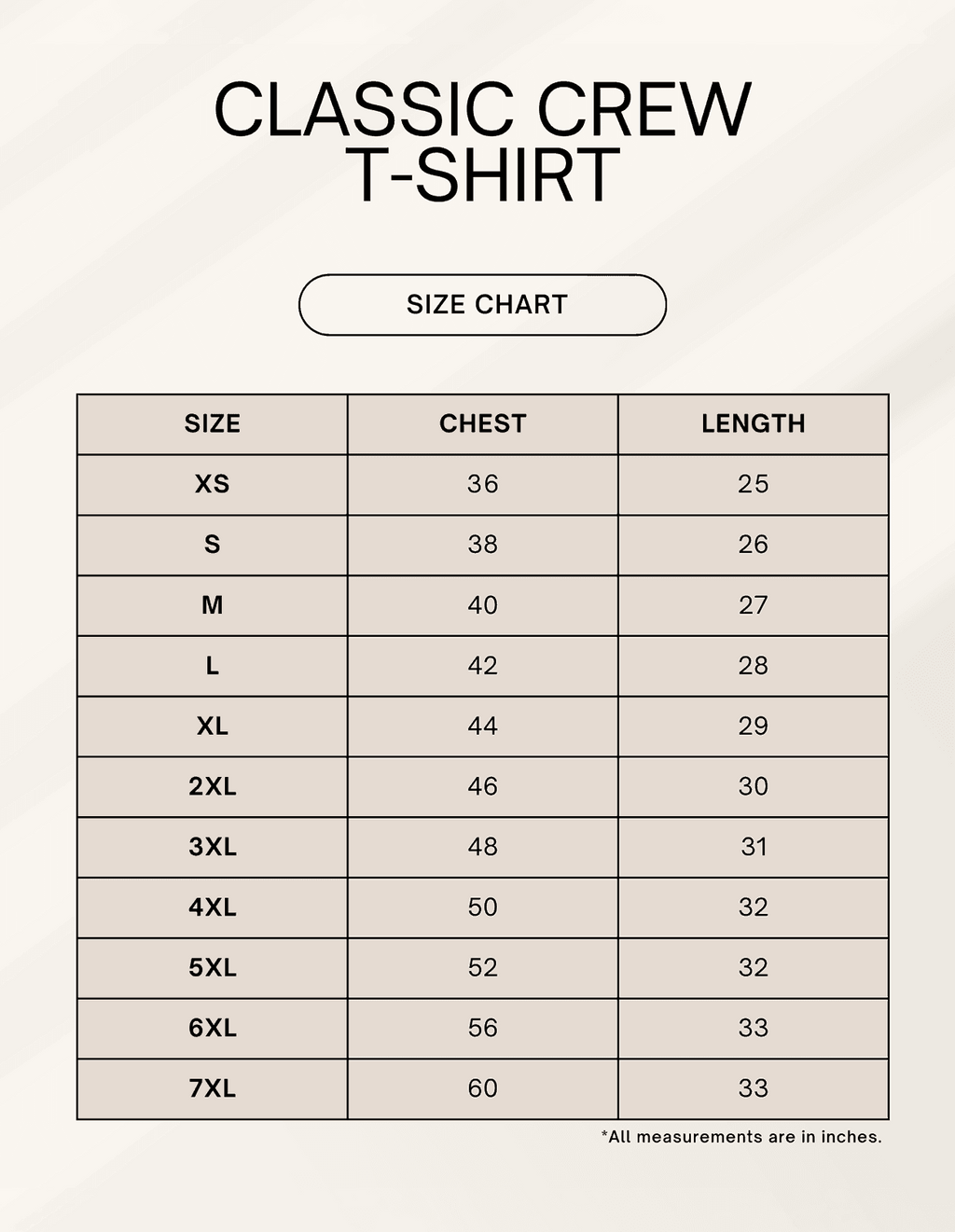 Size chart for SkyBi Shirts Classic Crew T-Shirt detailing chest and length measurements in inches