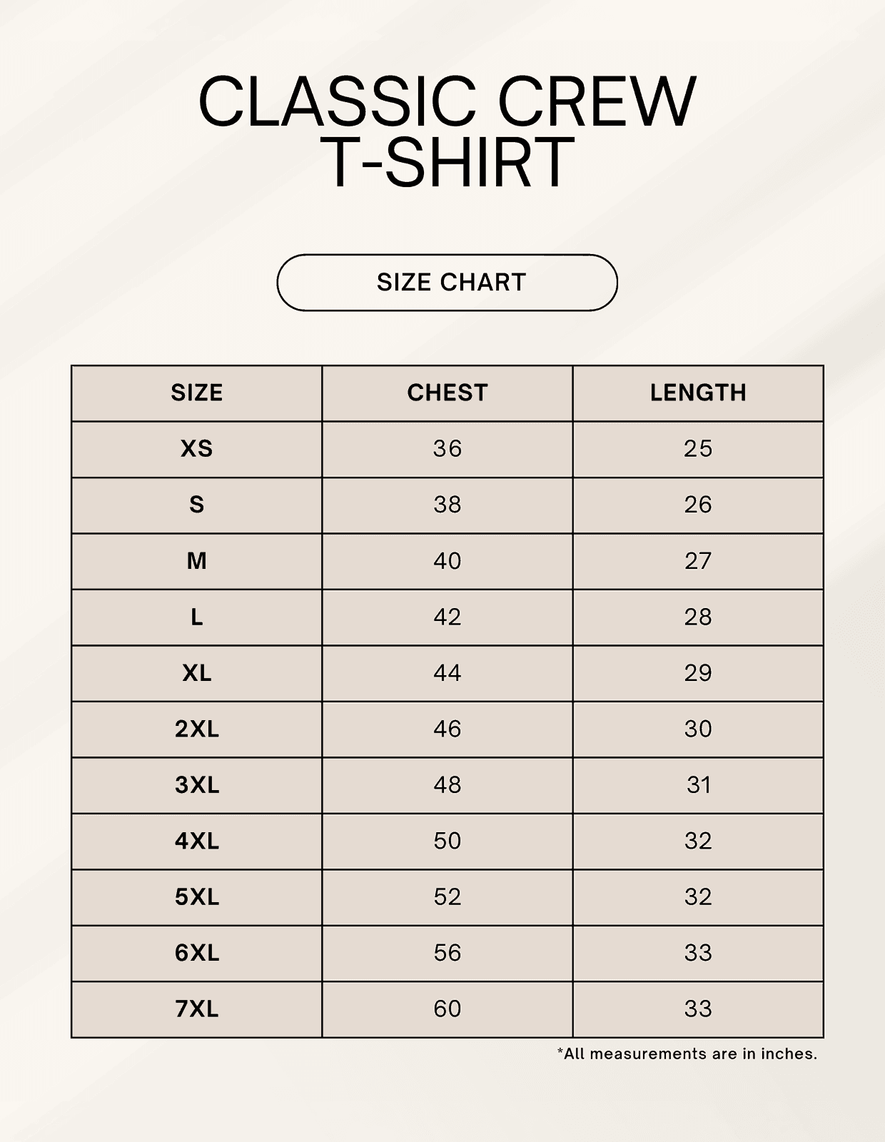 Size chart for SkyBi Shirts Classic Crew T-Shirt detailing chest and length measurements in inches