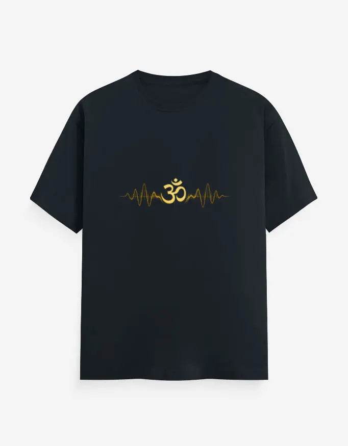 Black Om Pulse Yoga Tee with gold Om symbol and pulse line graphic on the front