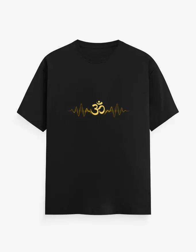 Black Om Pulse Yoga Tee with gold Om symbol and pulse line design on chest