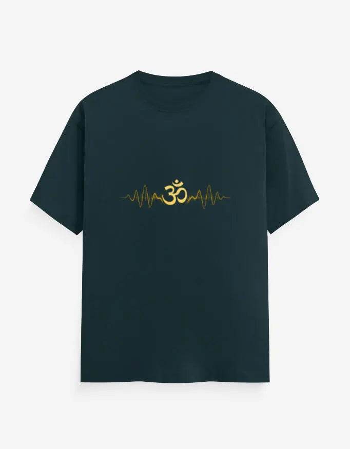 Om Pulse Yoga Tee in black with gold Om symbol and pulse line graphic by SkyBi Shirts