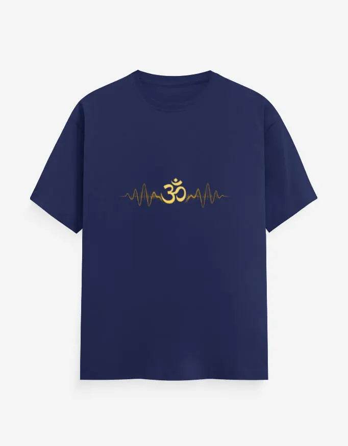 Navy blue Om Pulse Yoga Tee with gold Om symbol and pulse design on front by SkyBi Shirts