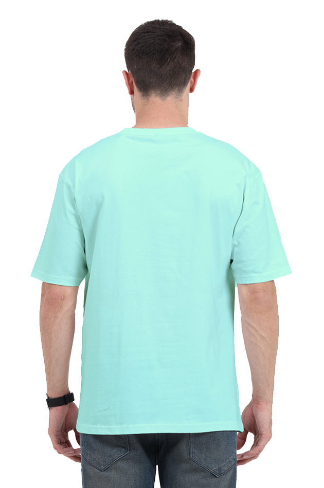 Back view of man wearing a light blue Orkut Oversized T-Shirt by SkyBi Shirts with short sleeves