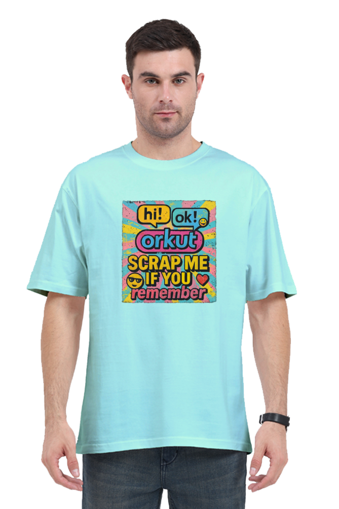 Man wearing SkyBi Shirts Orkut Oversized T-Shirt in light blue with colorful vintage graphic print