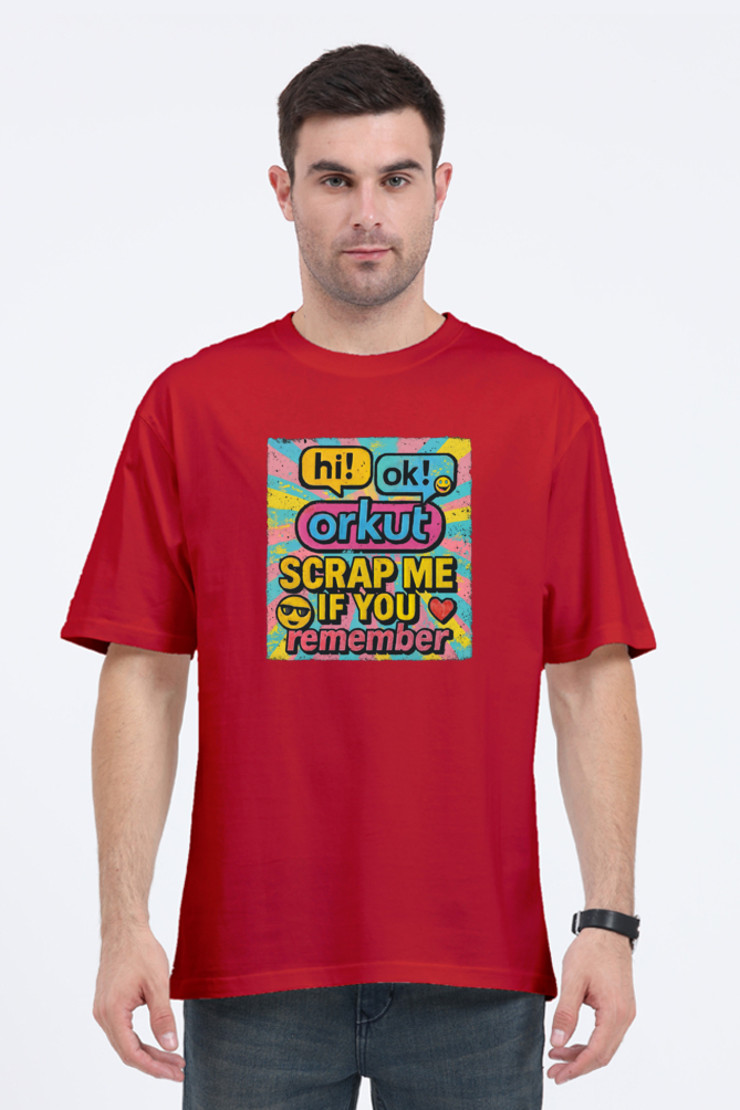 Red Orkut Oversized T-Shirt with colorful retro print and text saying Scrap Me If You Remember