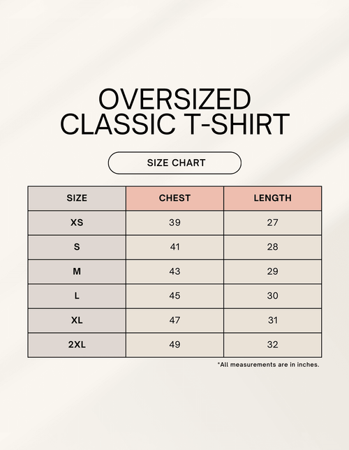 Size chart for 404 error oversized t-shirt showing chest and length measurements in inches from XS to 2XL