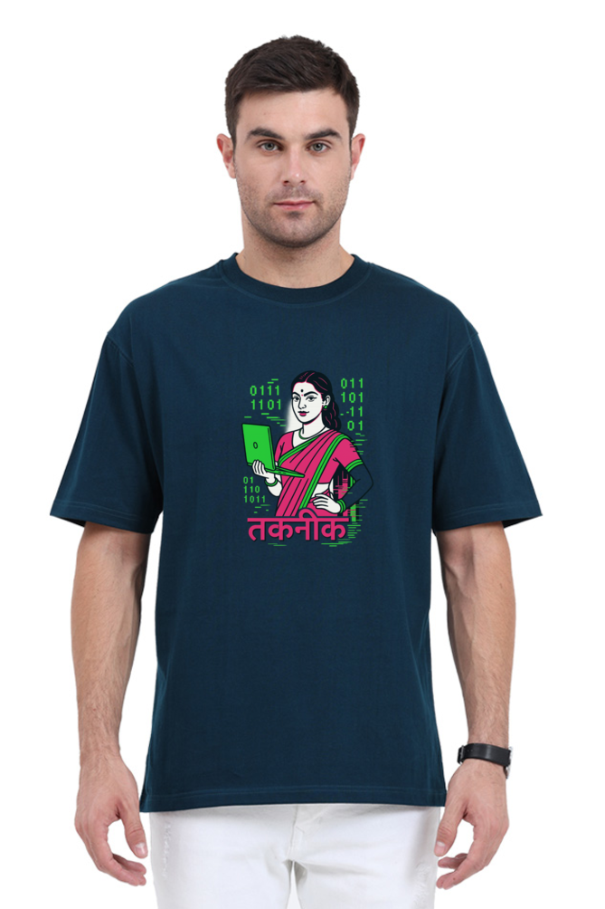 Mens navy oversized cyber t-shirt with graphic of woman holding tablet and binary code