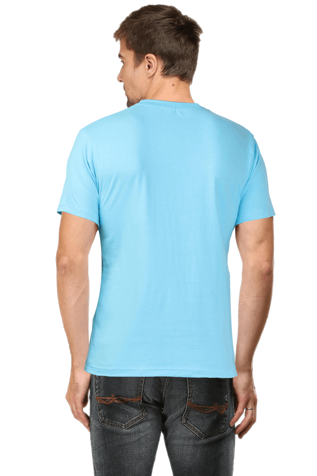 Back view of man wearing light blue Radiant Buddha Yoga Tee by SkyBi Shirts with short sleeves and casual fit