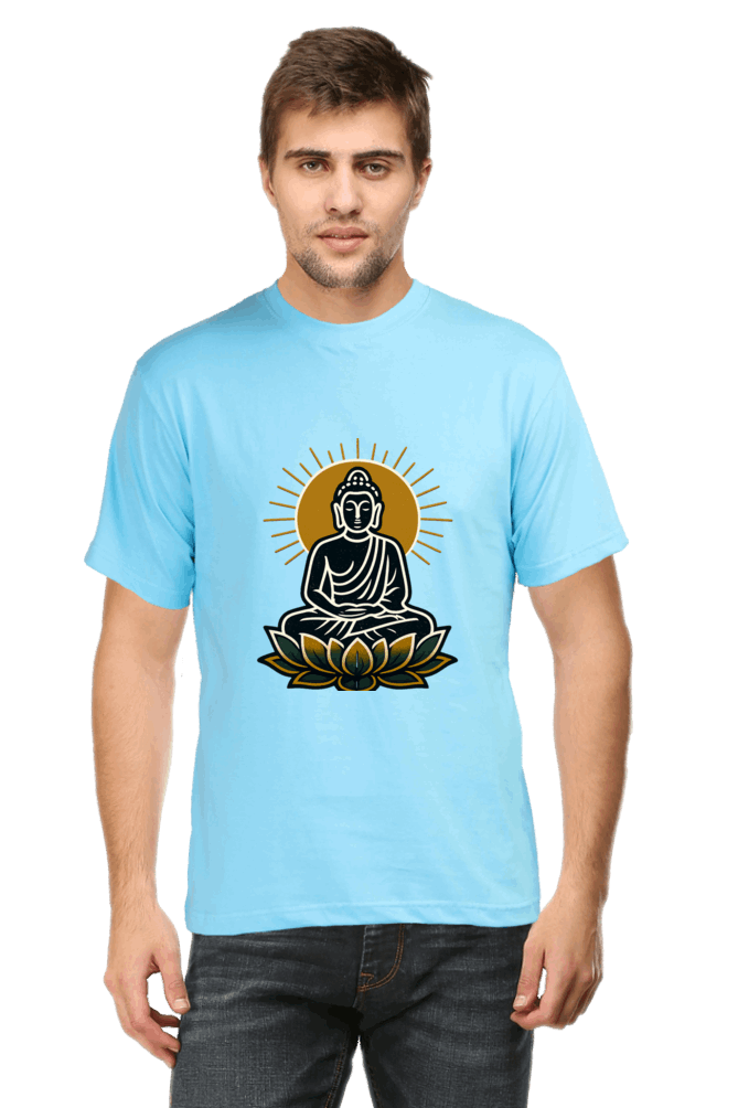 Man wearing a light blue Radiant Buddha Yoga Tee with Buddha sitting on lotus flower graphic