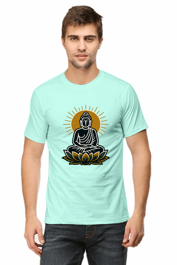 Man wearing a light blue Radiant Buddha Yoga Tee with a Buddha sitting on a lotus flower graphic