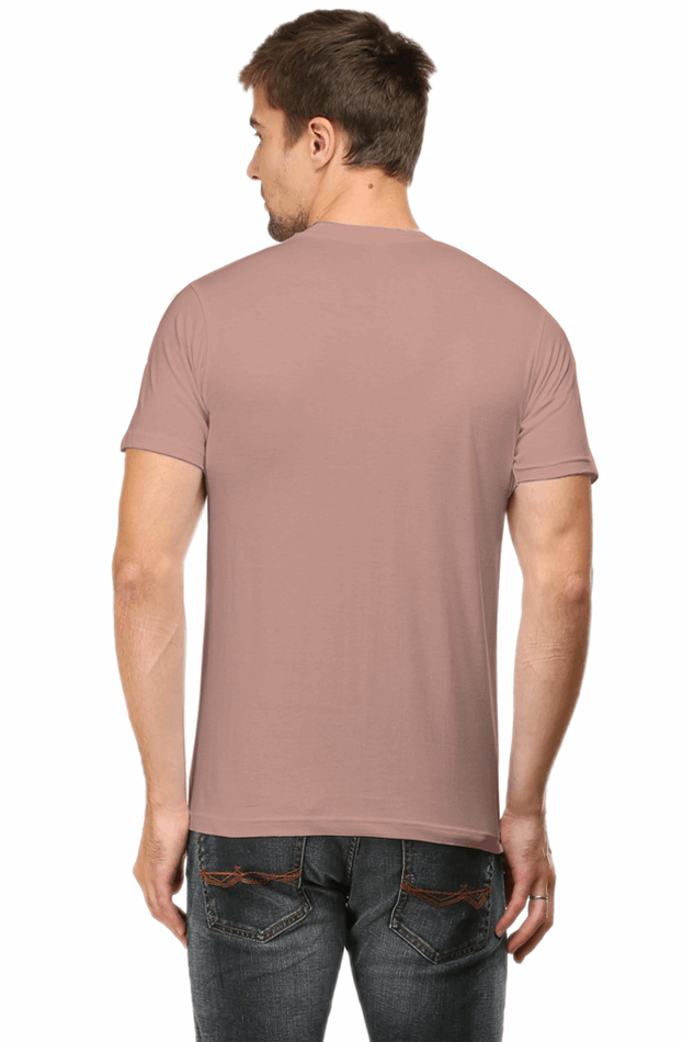 Back view of a man wearing a plain dusty rose Radiant Buddha Yoga Tee by SkyBi Shirts with jeans