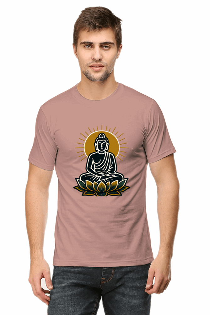 Man wearing a Radiant Buddha Yoga Tee in dusty rose with Buddha graphic and lotus flower design