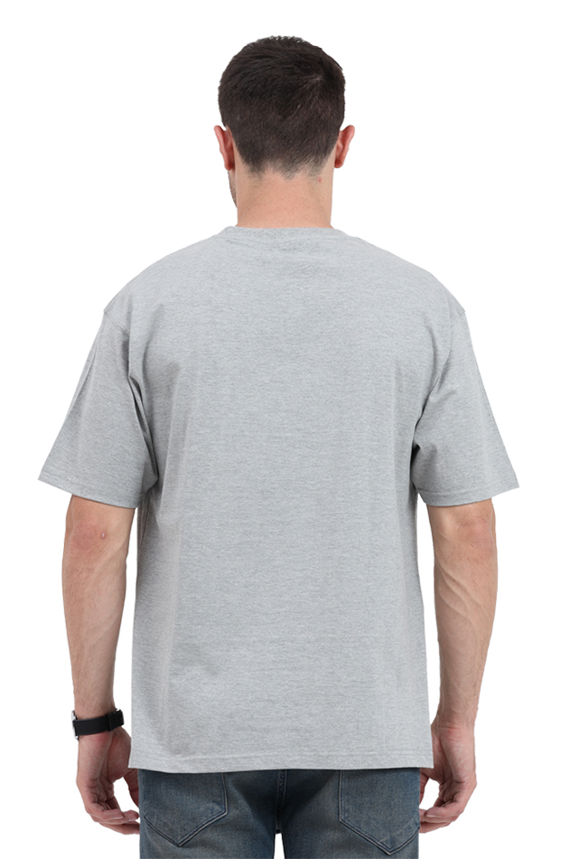 Back view of a man wearing a plain gray rickshaw oversized t shirt from SkyBi Shirts