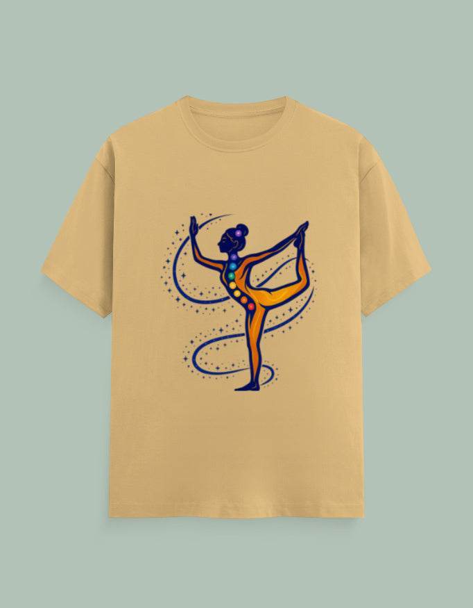 Beige t-shirt featuring SkyBi Shirts Chakra Dancer graphic of a woman in yoga pose with chakra points