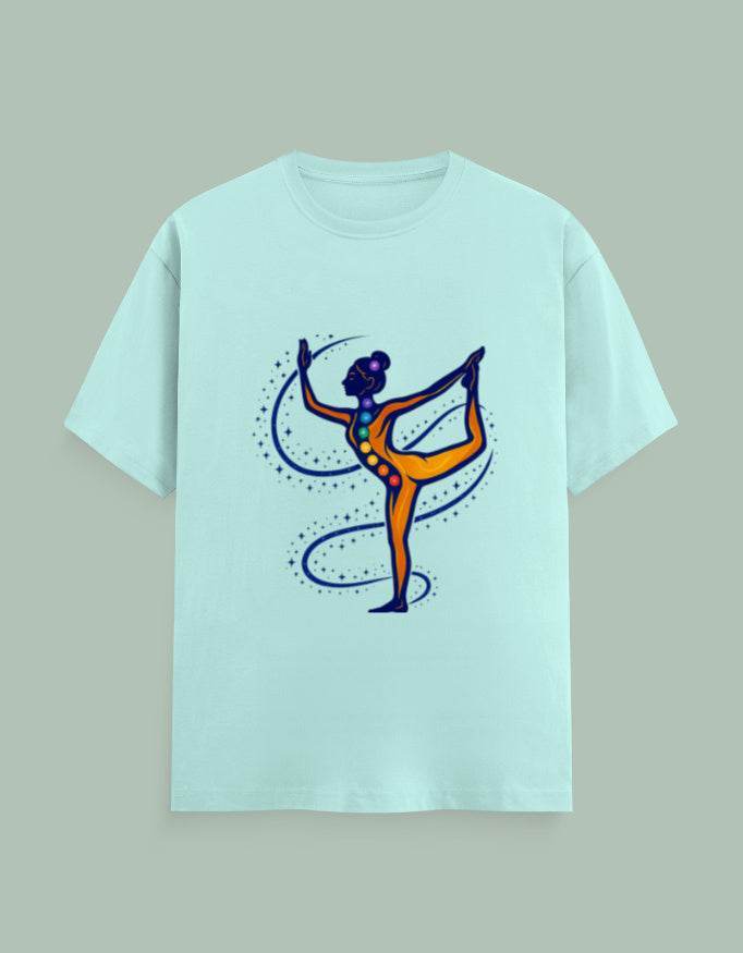 Light blue SkyBi Shirts Chakra Dancer t-shirt with colorful yoga pose graphic design