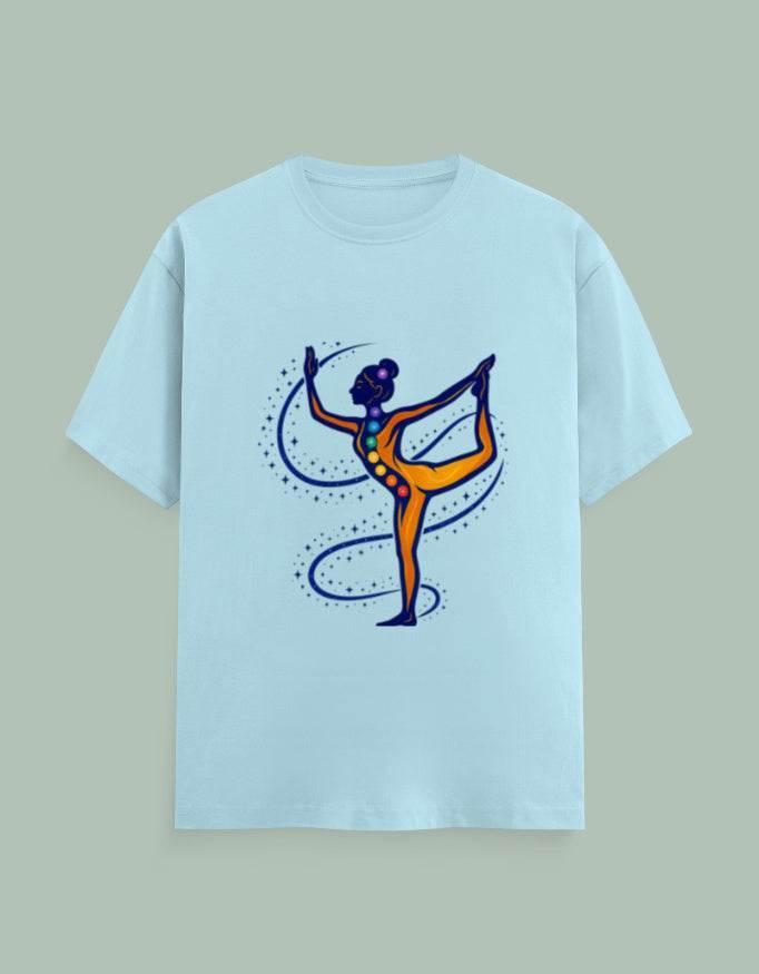 Light blue SkyBi Shirts Chakra Dancer t-shirt with colorful yoga pose and chakra design