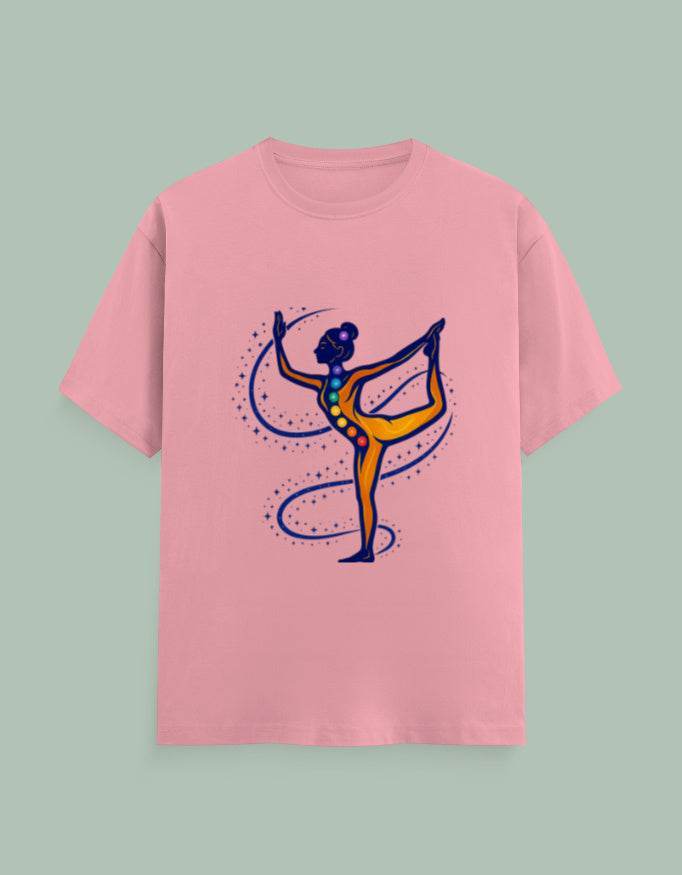 Pink t-shirt featuring SkyBi Shirts Chakra Dancer graphic with colorful chakra points in yoga pose