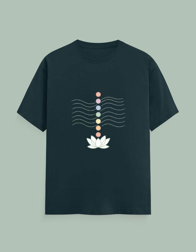 SkyBi Shirts Lotus Chakra black t-shirt with colorful chakra symbols and white lotus design
