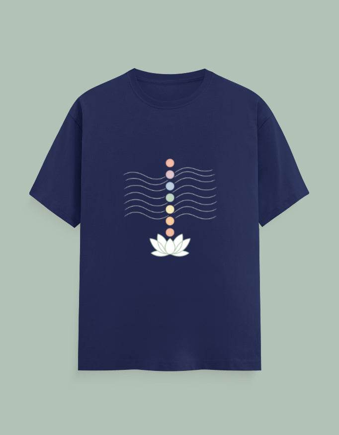 Navy blue SkyBi Shirts Lotus Chakra t-shirt with colorful chakra symbols and white lotus flower design