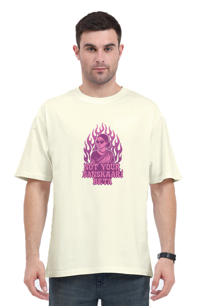 Man wearing a cream SkyBi Shirts Oversized T-Shirt 240 with pink graphic and text design