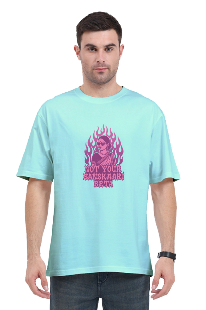 SkyBi Shirts Oversized T-Shirt 240 light blue with pink graphic and text worn by man