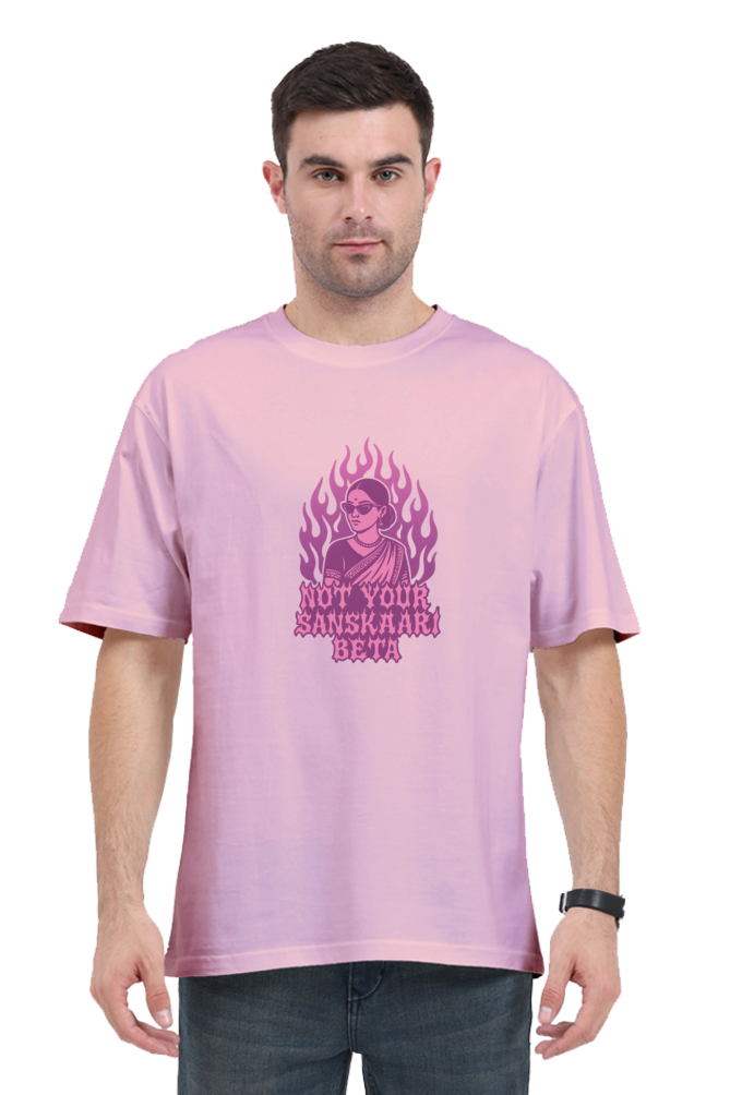Man wearing pink SkyBi Shirts Oversized T-Shirt 240 with graphic text and flames design