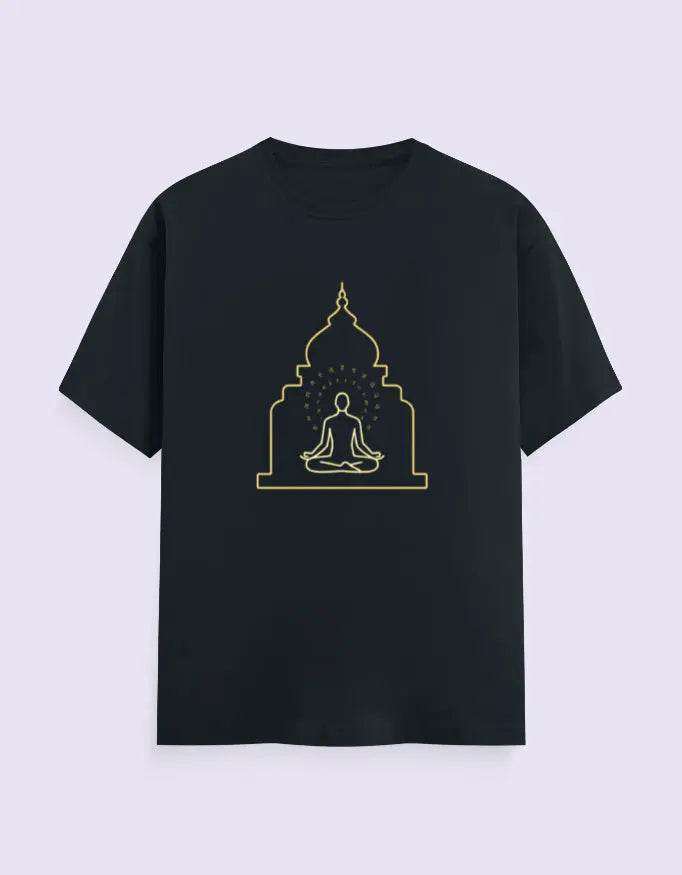 Black Spiritual Yoga Tee with gold meditating figure and temple outline design