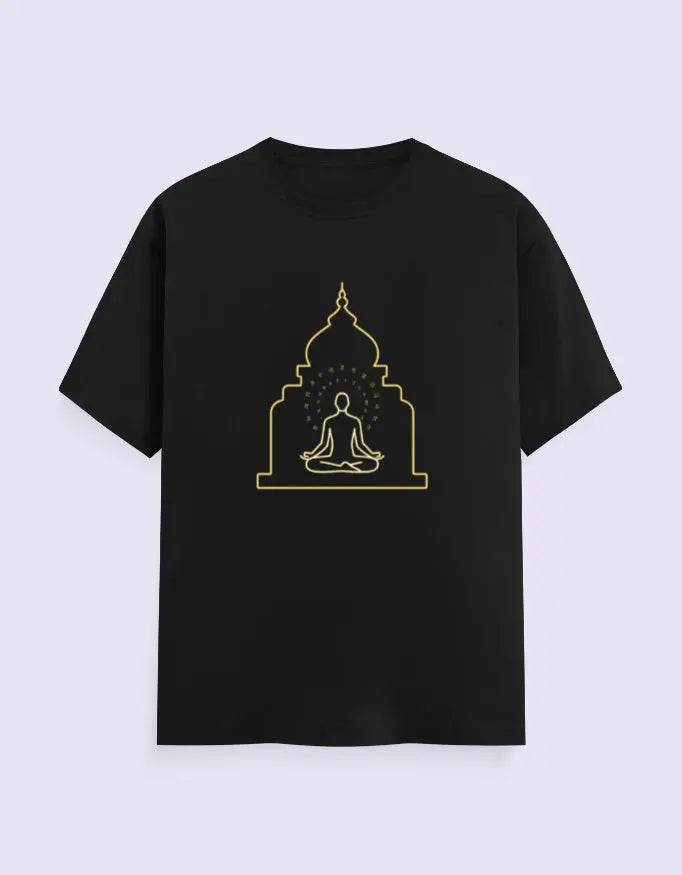 Black Spiritual Yoga Tee with gold outline design of a meditating figure inside a temple silhouette