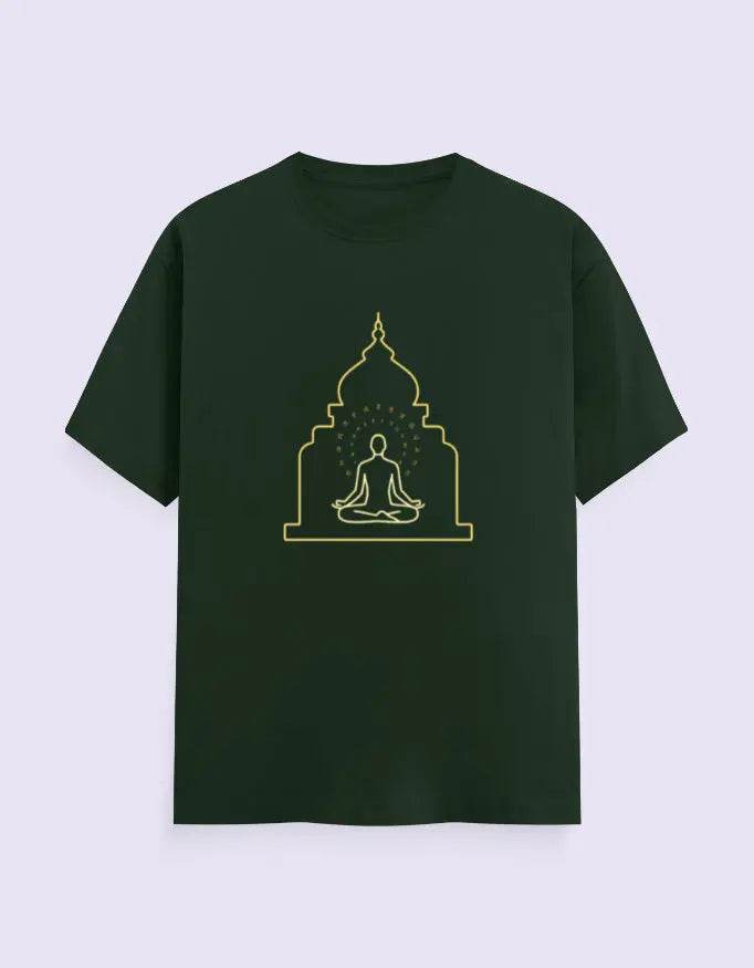Dark green Spiritual Yoga Tee with gold outline of a person meditating inside a temple design