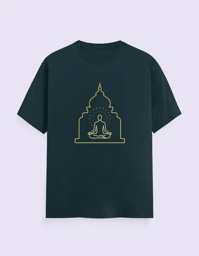 Black Spiritual Yoga Tee by SkyBi Shirts with gold meditating figure and temple outline design