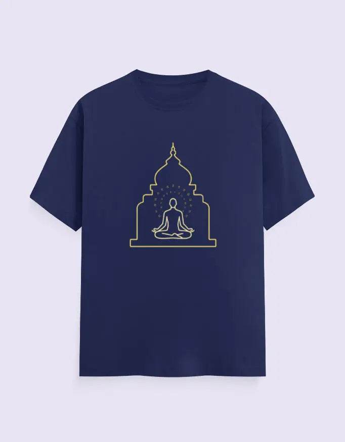 Navy blue Spiritual Yoga Tee with gold meditating figure and temple outline design